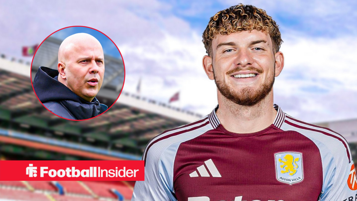 Harvey Elliott smiling in an Aston Villa kit at Villa Park with Liverpool manager Arne Slot looking at him left inset