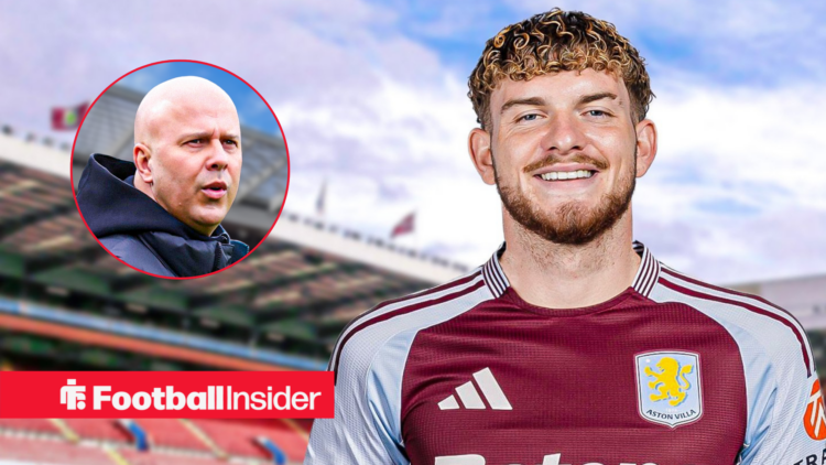 Harvey Elliott smiling in an Aston Villa kit at Villa Park with Liverpool manager Arne Slot looking at him left inset
