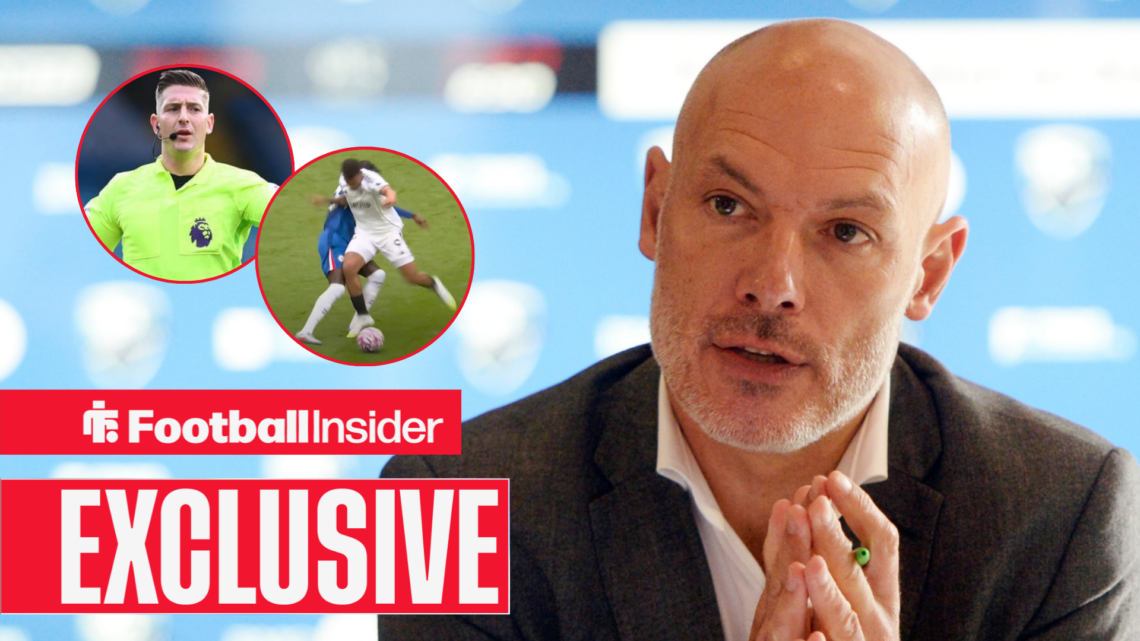 Howard Webb in a press conference, Rob Jones and Rodrigo Muniz stepping on Trevoh Chalobah in circular insets