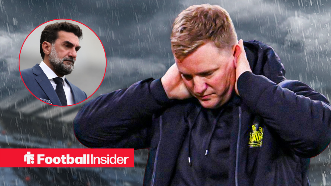 Eddie Howe looking frustrated, Yasir Al-Rumayyan in a circular inset
