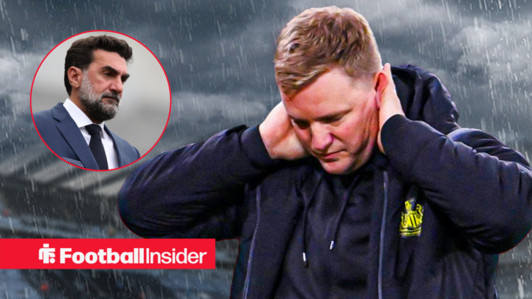 Eddie Howe looking frustrated, Yasir Al-Rumayyan in a circular inset