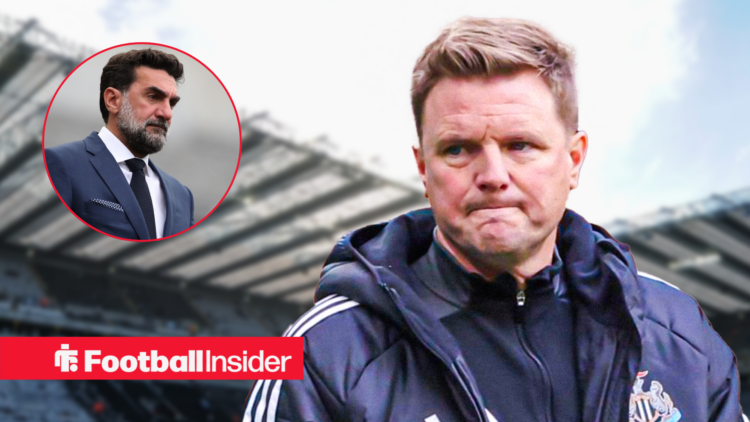 Eddie Howe looking frustrated, Yasir Al-Rumayyan in a circular inset