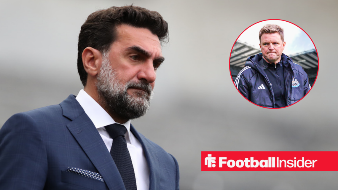 Eddie Howe in a circular inset, Yasir Al-Rumayyan in a suit