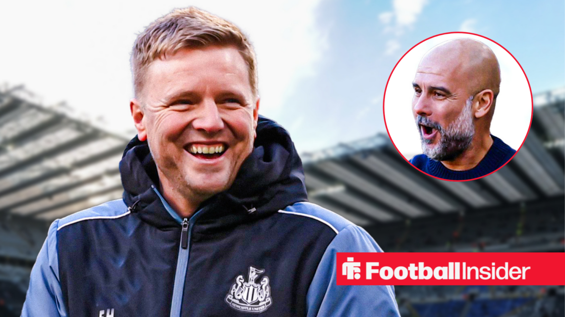 Eddie Howe smiling, Pep Guardiola in a circular inset