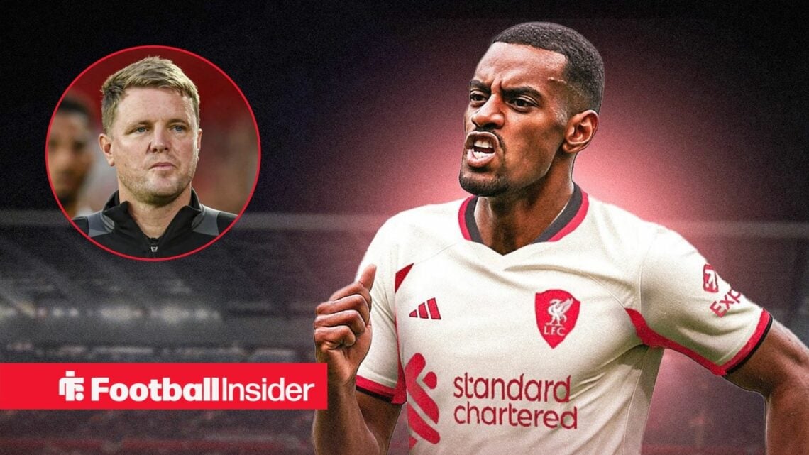 Alexander Isak in a Liverpool shirt, Eddie Howe in a circular inset