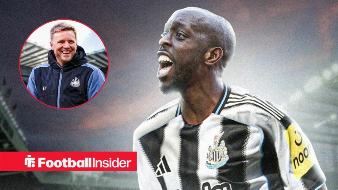 Yoane Wissa in a Newcastle kit, Eddie Howe looks on from a circular inset