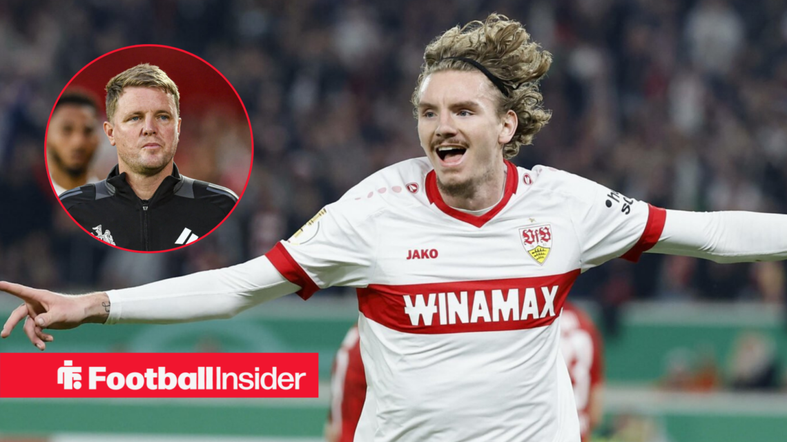 Nick Woltemade in a Stuttgart shirt with Eddie Howe included in a circular inset