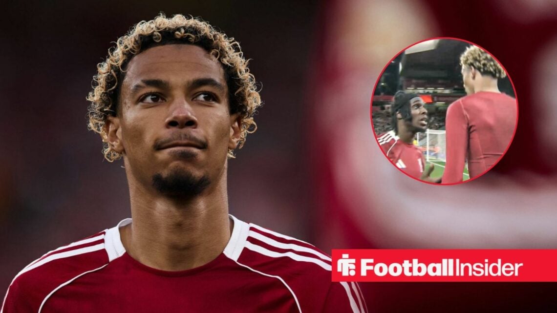 Hugo Ekitike featuring for Liverpool, Ekitike and Jeremie Frimpong in a circular inset