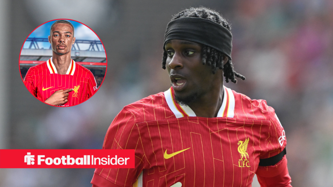 Liverpool star Hugo Ekitike in a circular frame next to an image of Jeremie Frimpong