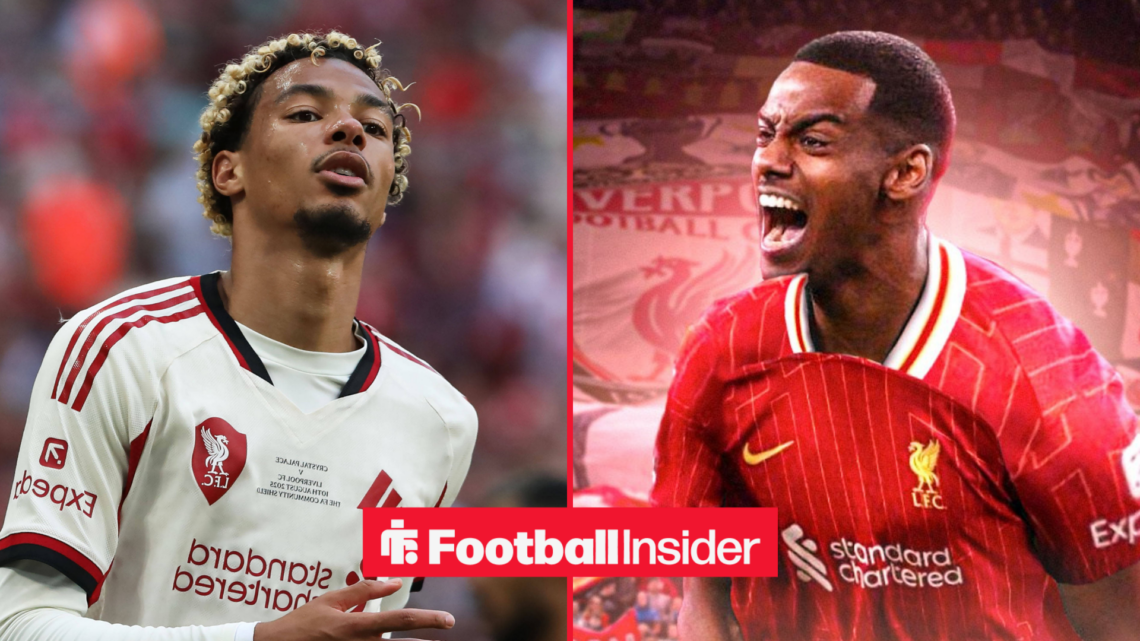 Hugo Ekitike on the left running with Alexander Isak on the right shouting in front of Anfield