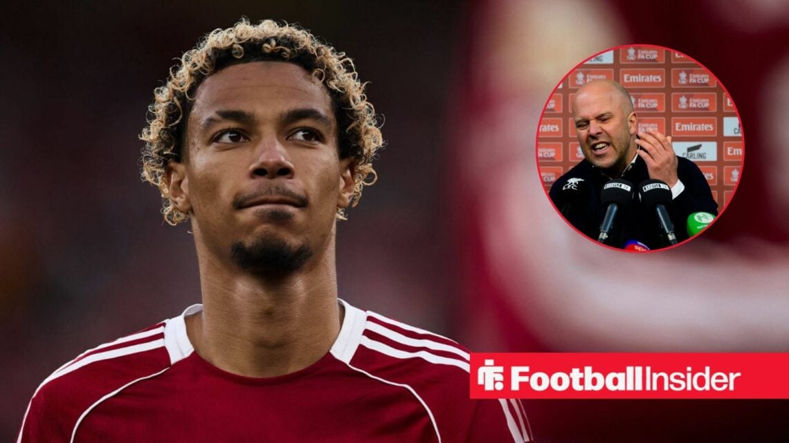 Hugo Ekitike in a red Liverpool kit looking and Arne Slot in inset