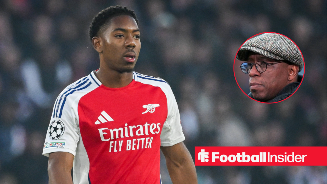 Myles Lewis-Skelly in an Arsenal shirt alongside an image of Ian Wright