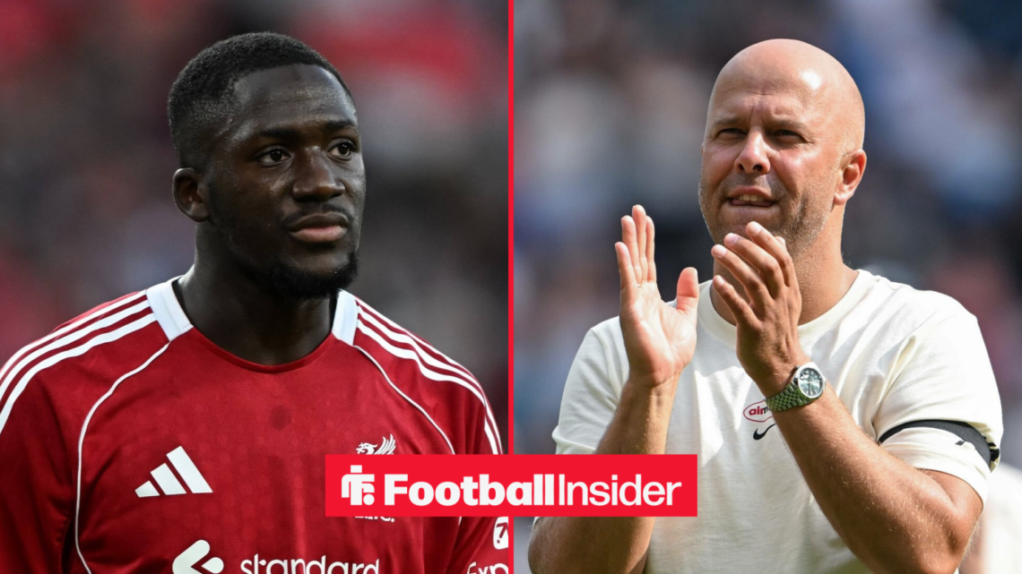 Ibrahima Konate in action for Liverpool as Arne Slot applauds his team