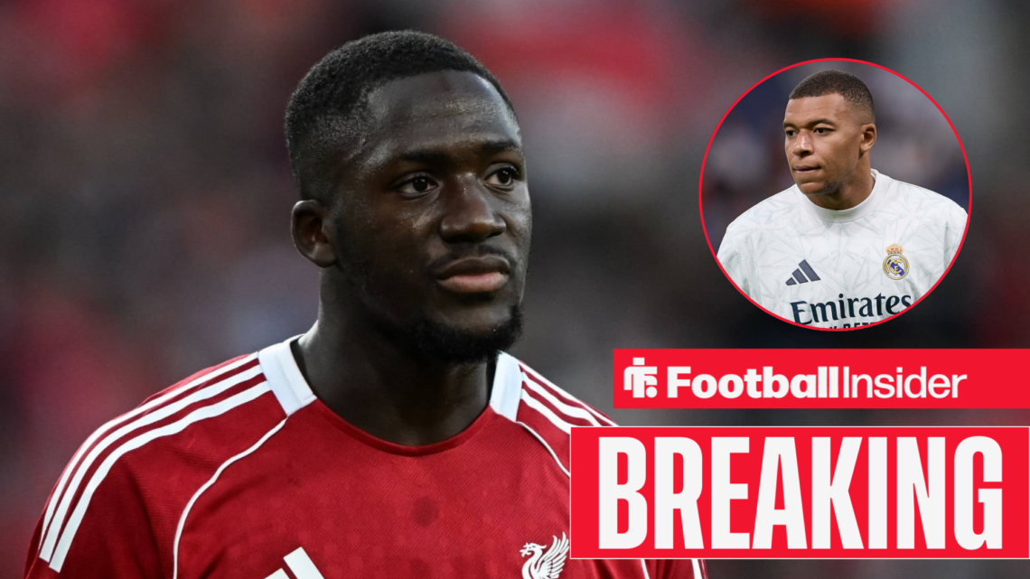 Ibrahima Konate in action for Liverpool with Kylian Mbappe in a circular inset