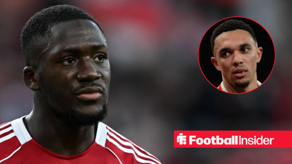 Liverpool defender Ibrahima Konate alongside a circular inset of Trent Alexander-Arnold