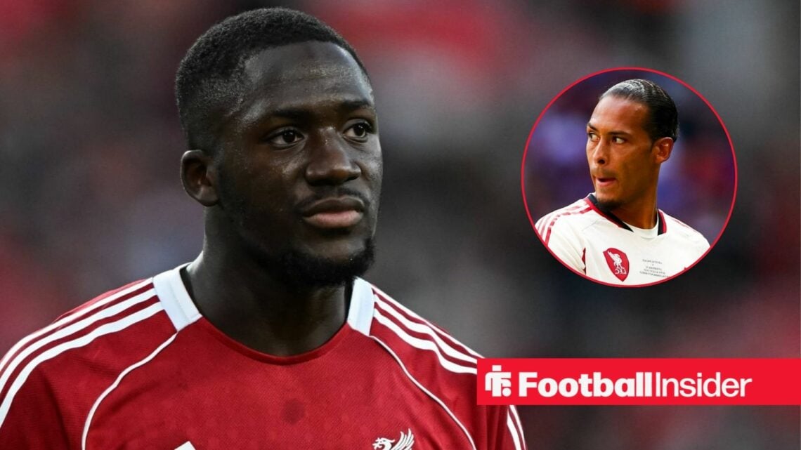 Liverpool centre-backs Ibrahima Konate and Virgil van Dijk each look at other