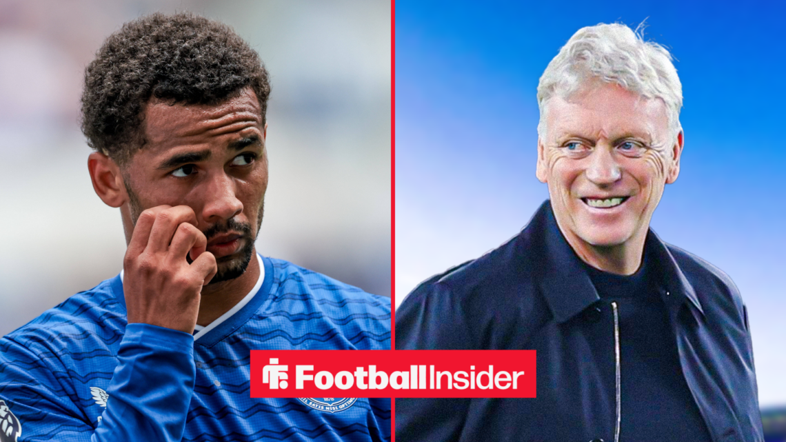 Everton's Iliman Ndiaye looks concerned with hand to face at manager David Moyes who looks pleased at him