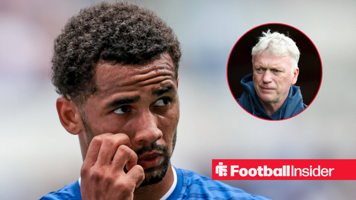 Everton's Iliman Ndiaye looks concerned at manager David Moyes right inset
