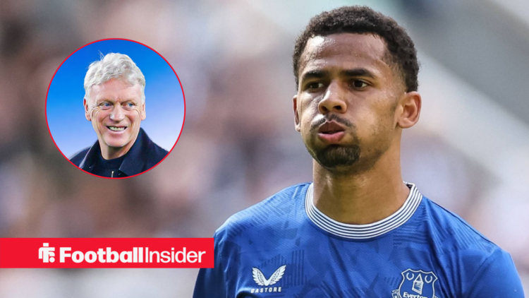 Everton's Iliman Ndiaye in action with manager David Moyes left inset smiling at him