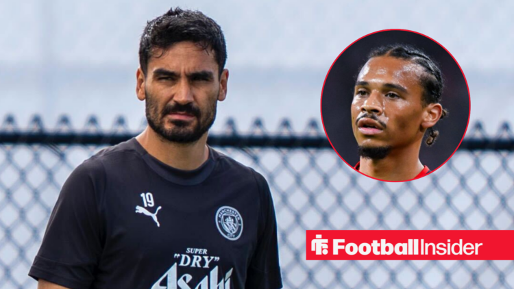 Ilkay Gundogan while training at Man City looking ahead with Galatasaray's Leroy Sane looks at him right inset