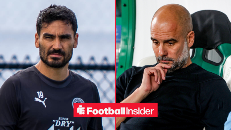 Ilkay Gundogan in a Man City training shirt alongside Pep Guardiola with his hand on his chin