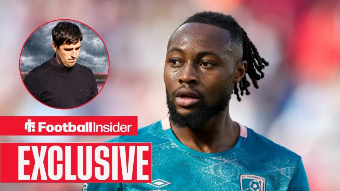 Antoine Semenyo in a Bournemouth shirt, Andoni Iraola in a circular inset