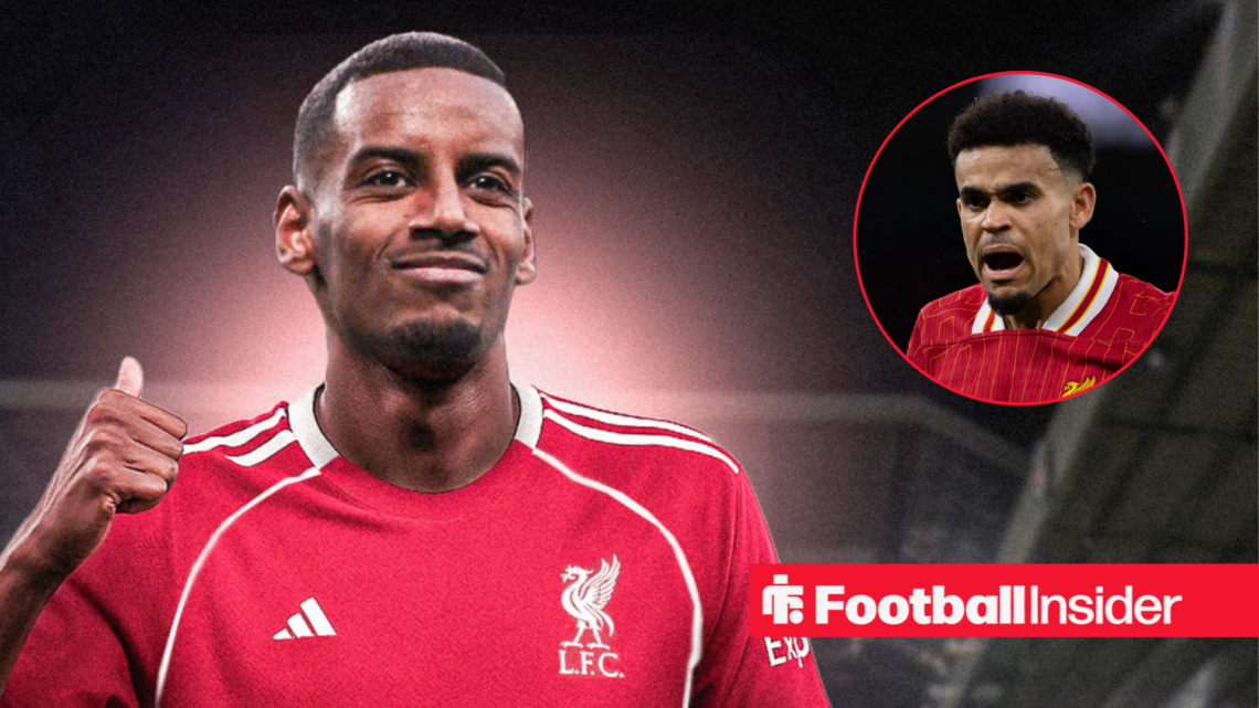 Alexander Isak in a Liverpool shirt with Luis Diaz in a circular inset
