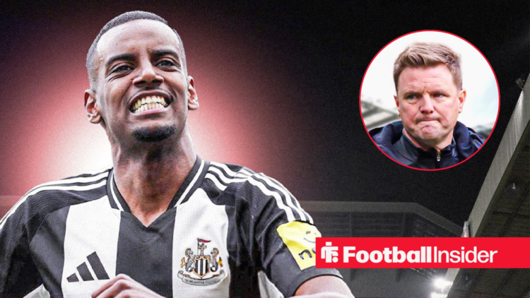 Liverpool striker Alexander Isak in a Newcastle shirt alongside a circular inset of manager Eddie Howe.