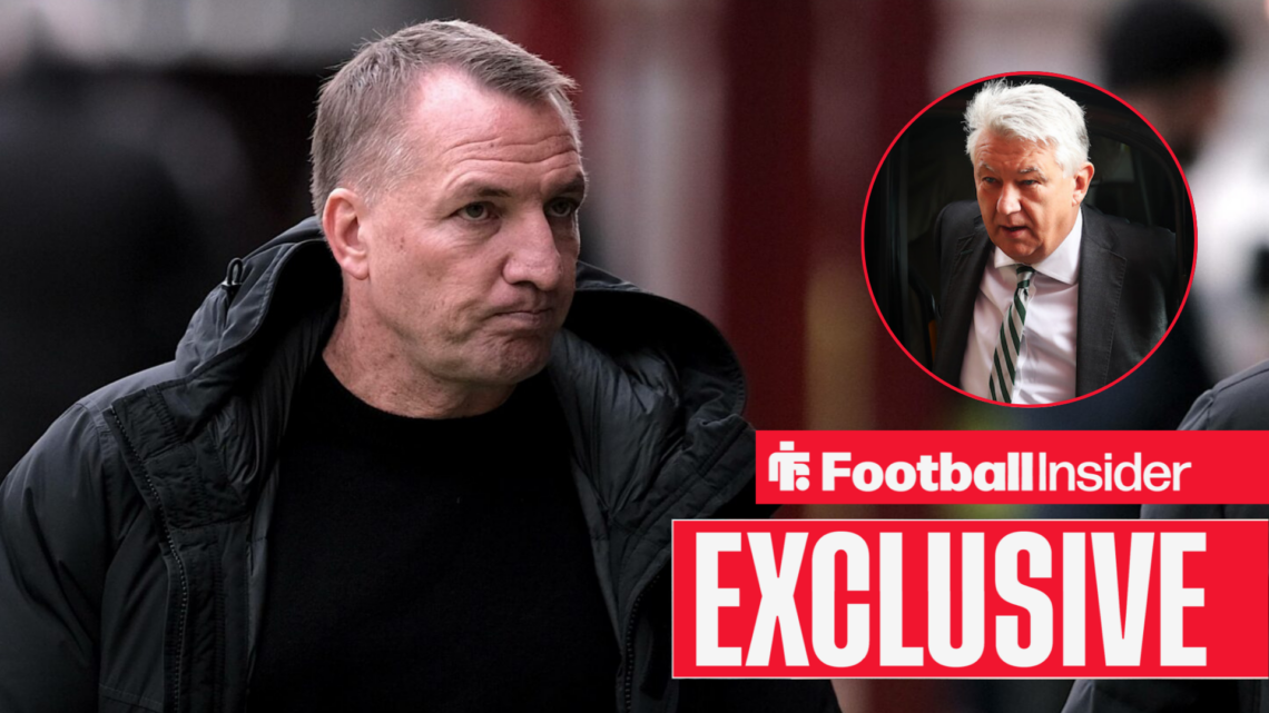 Brendan Rodgers in a coat, with Peter Lawwell in a circular inset