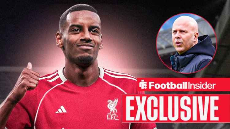 Alexander Isak in a Liverpool shirt, Arne Slot in a circular inset