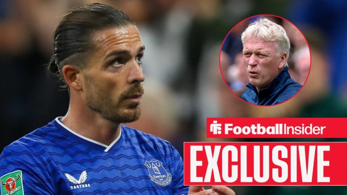 Everton's Jack Grealish looks up at manager David Moyes who shouts from the sidelines