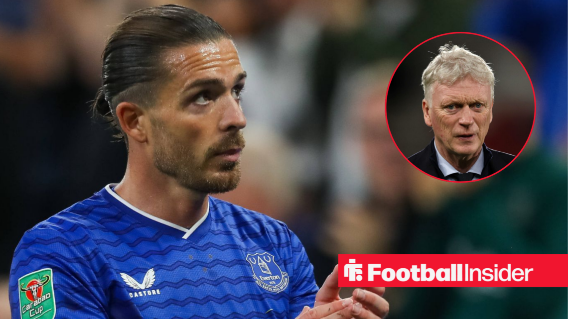 Jack Grealish in an Everton shirt alongside a circular inset of Everton manager David Moyes