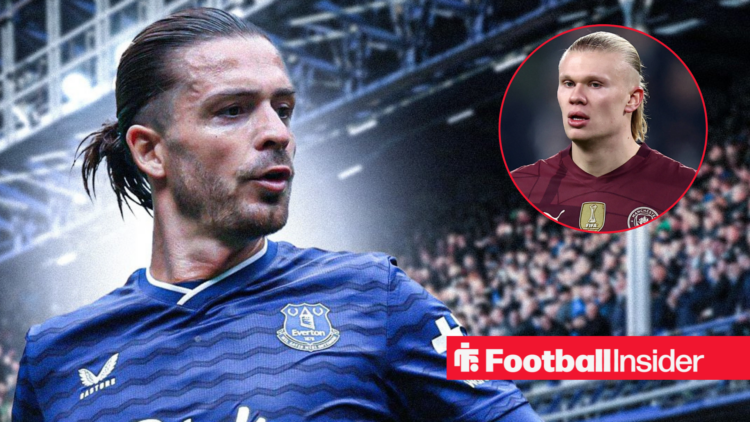 Jack Grealish in Everton shirt with Erling Haaland inset