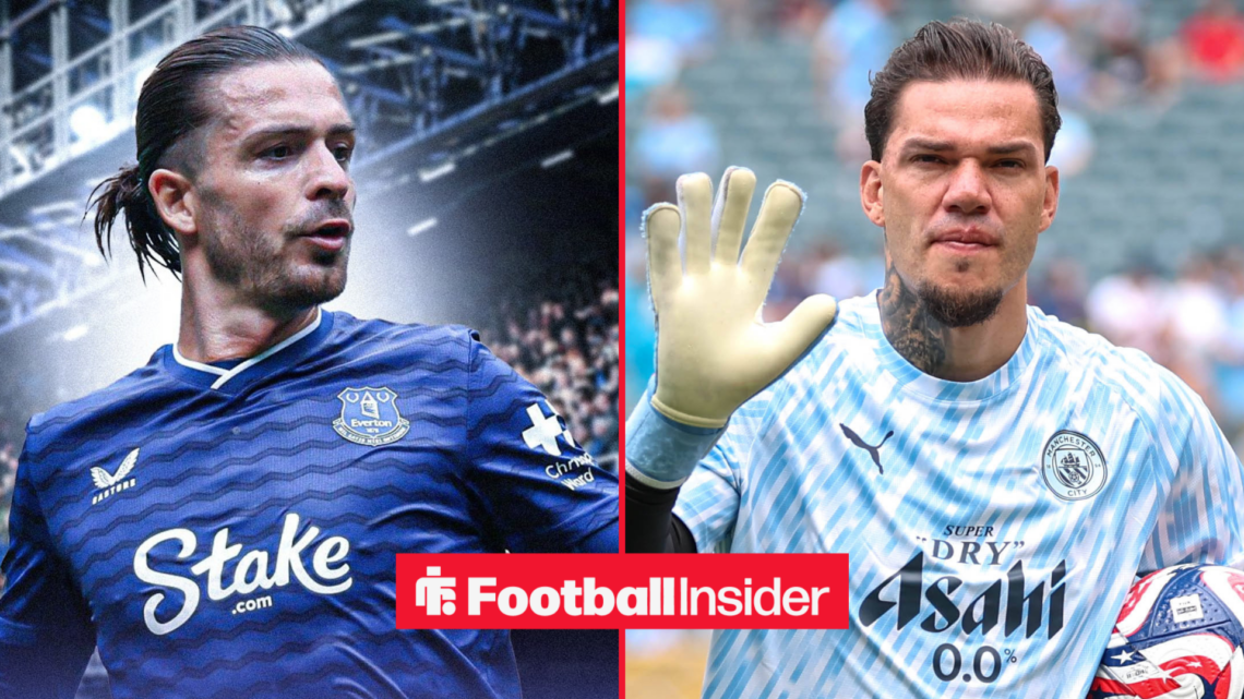 Jack Grealish in Everton shirt looking strong with Ederson waving on the right