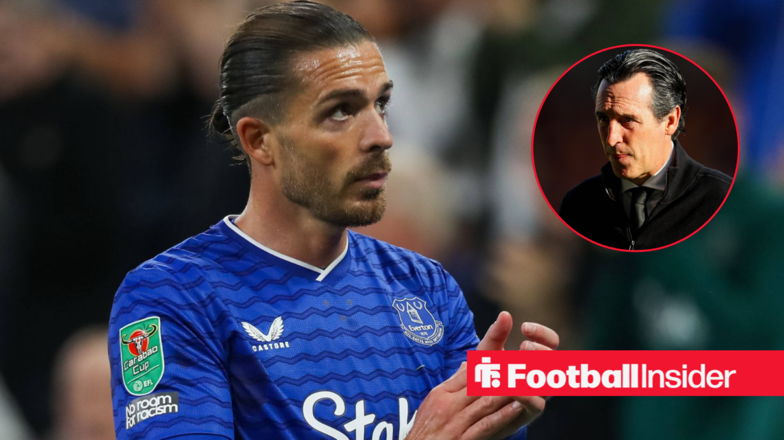 Jack Grealish clapping in an Everton shirt to Aston Villa boss Unai Emery right inset