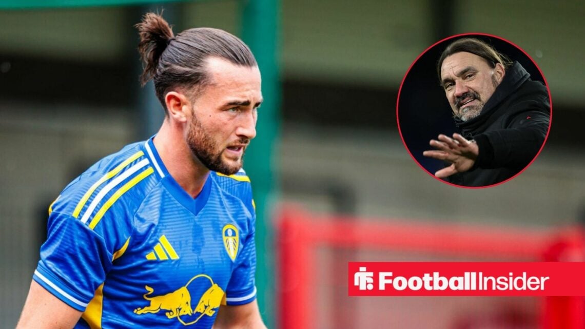 Jack Harrison in a blue Leeds United shirt alongside Daniel Farke in a circular frame