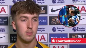 Jack Hinshelwood in post-match interview in Brighton shirt with injury in the inset