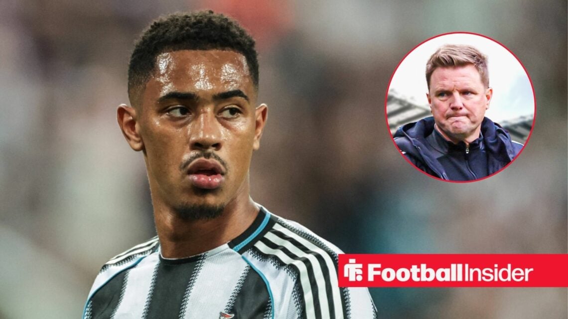 Newcastle midfielder Jacob Ramsey alongside a circular inset of manager Eddie Howe