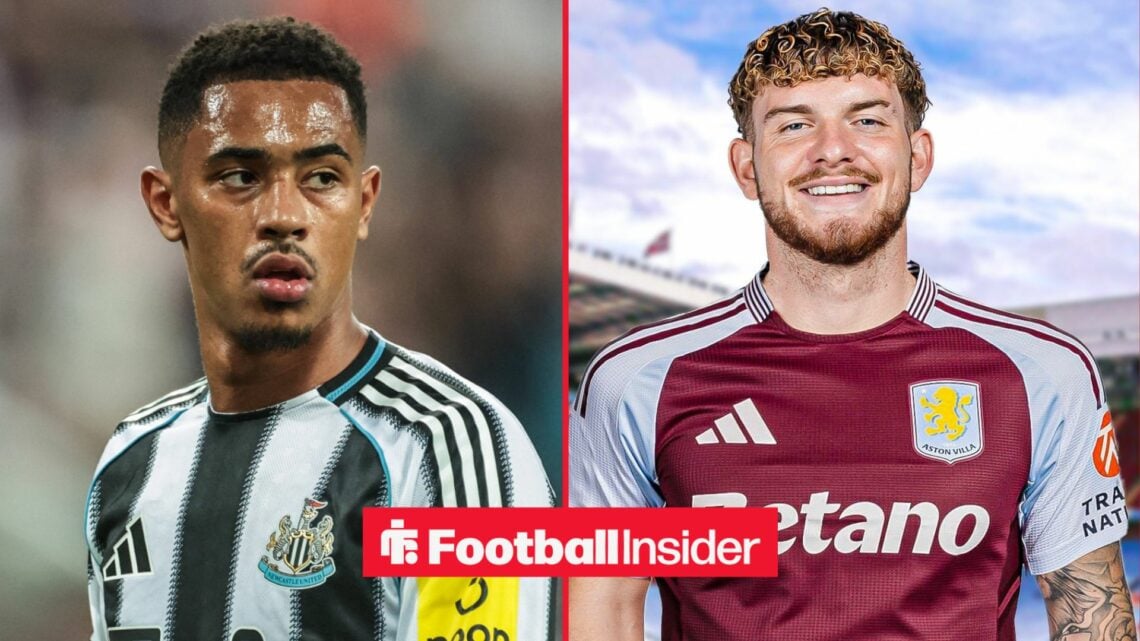 Jacob Ramsey in a Newcastle United shirt alongside Harvey Elliott in an Aston Villa shirt