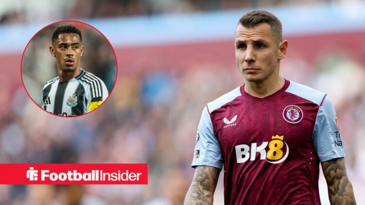 Jacob Ramsey in a Newcastle shirt in a circular frame alongside an image of Lucas Digne in an Aston Villa shirt