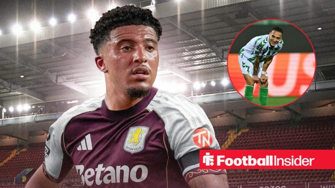 Jadon Sancho in an Aston Villa shirt alongside Antony in a Real Betis shirt in a circular frame