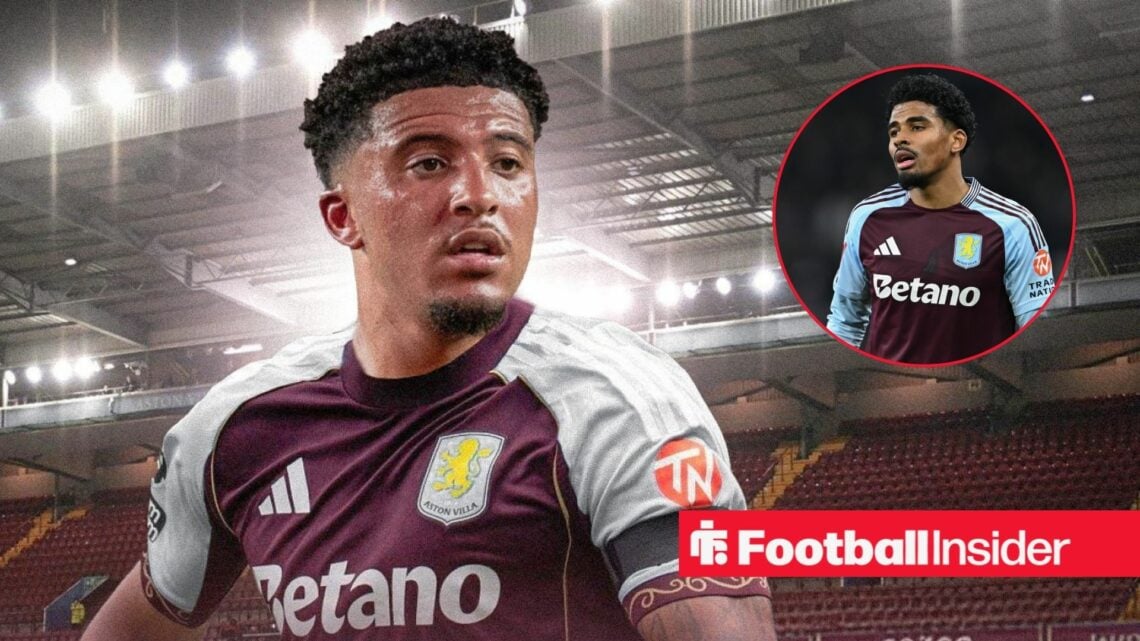 Jadon Sancho in an Aston Villa home shirt alongside an image of Ian Maatsen in a circular frame