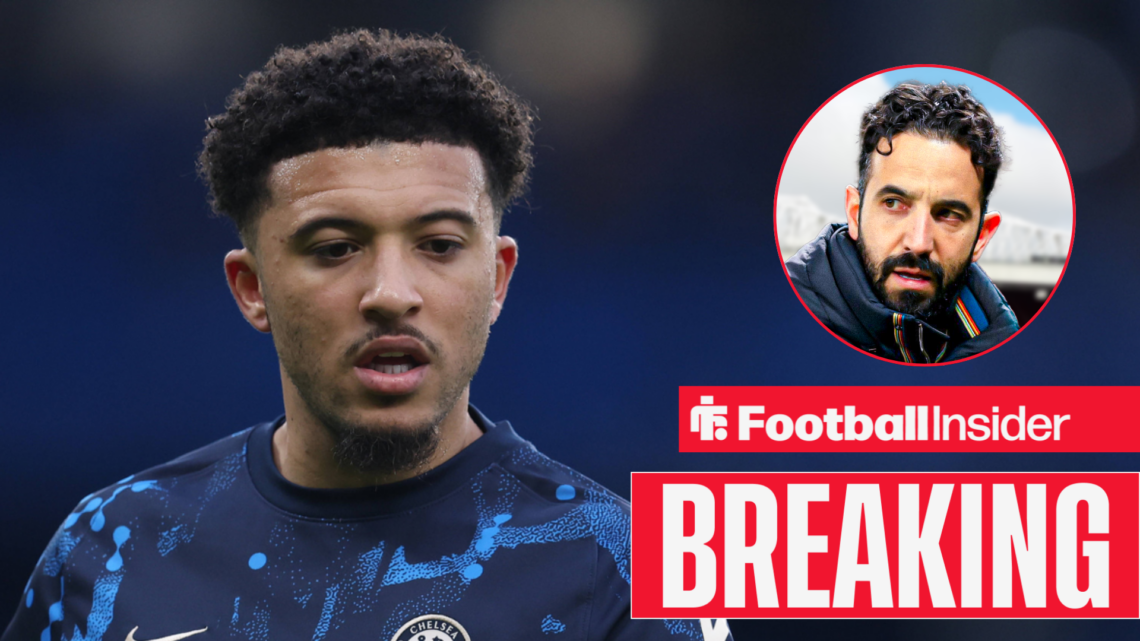 Jadon Sancho during a warm-up for Chelsea, with Ruben Amorim in a circular inset