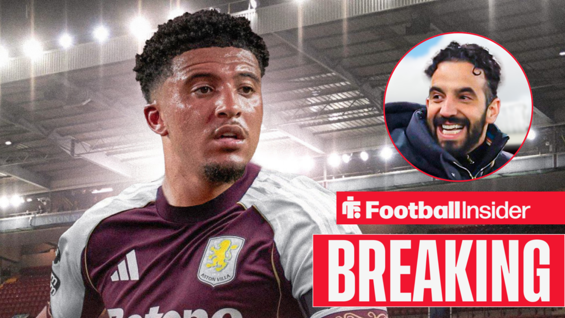 Jadon Sancho in an Aston Villa kit, with Ruben Amorim in a circular inset