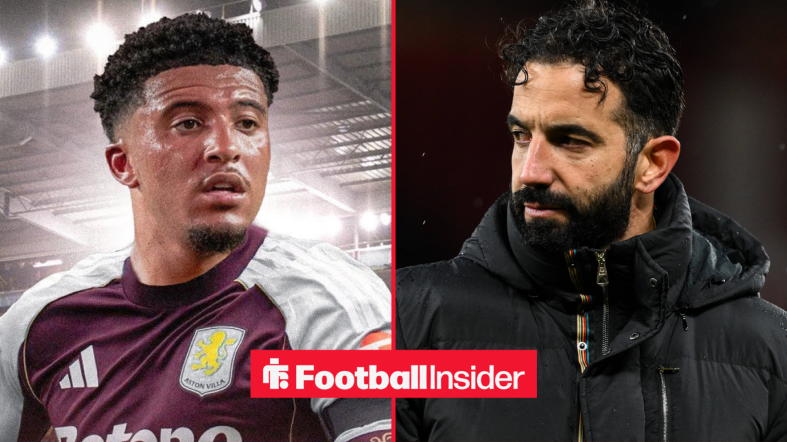 Jadon Sancho in an Aston Villa shirt alongside Ruben Amorim looking disappointed