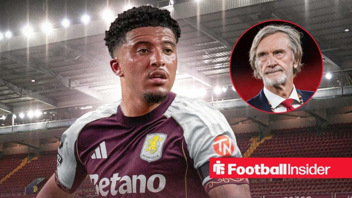 Jadon Sancho in an Aston Villa shirt with Sir Jim Ratcliffe included in a circular inset