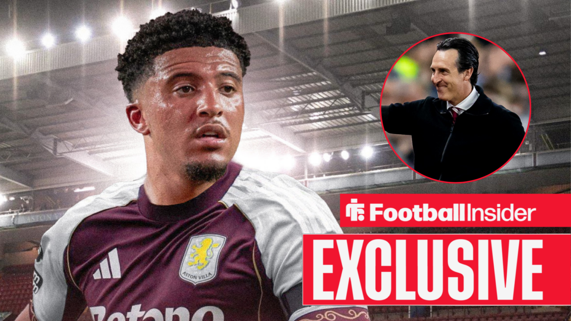 Jadon Sancho in an Aston Villa shirt, Unai Emery in a circular inset