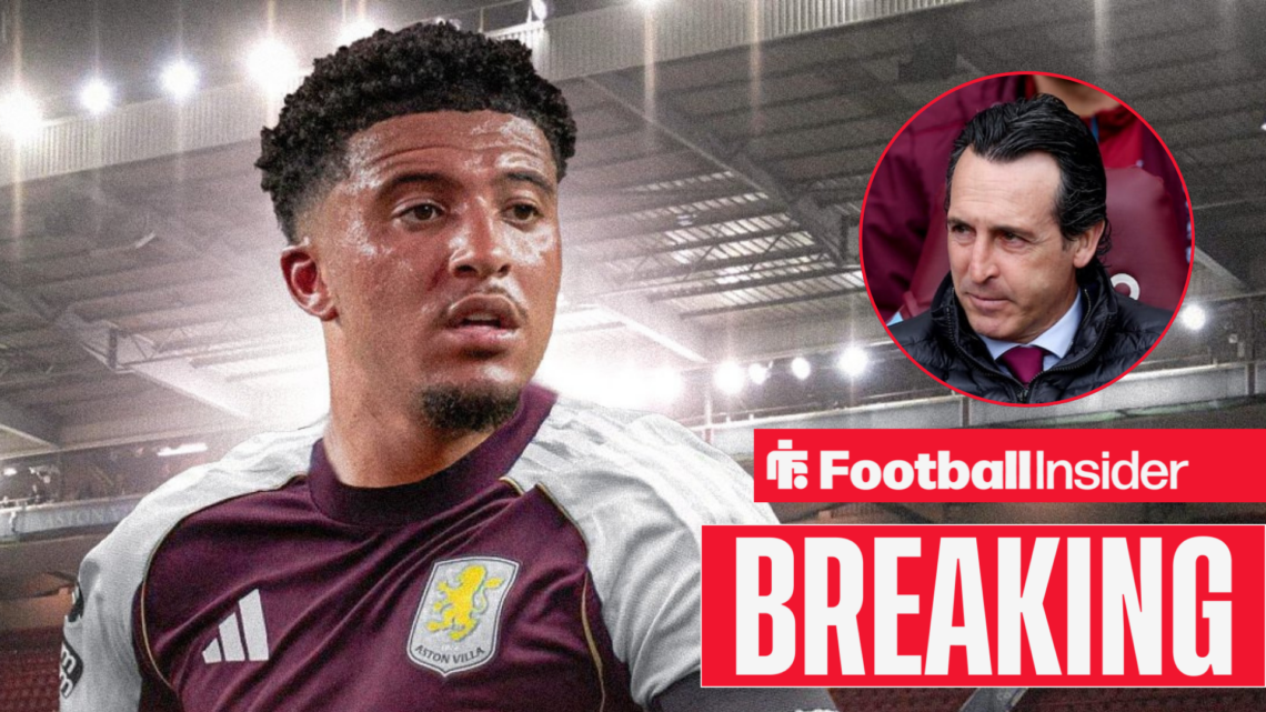 Jadon Sancho in an Aston Villa kit, with Unai Emery in a circular inset