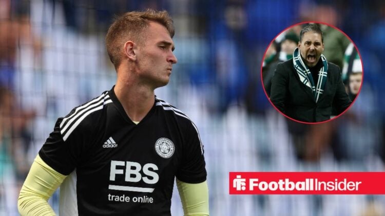 Leicester City goalkeeper Jakub Stolarczyk alongside an image of boss Marti Cifuentes