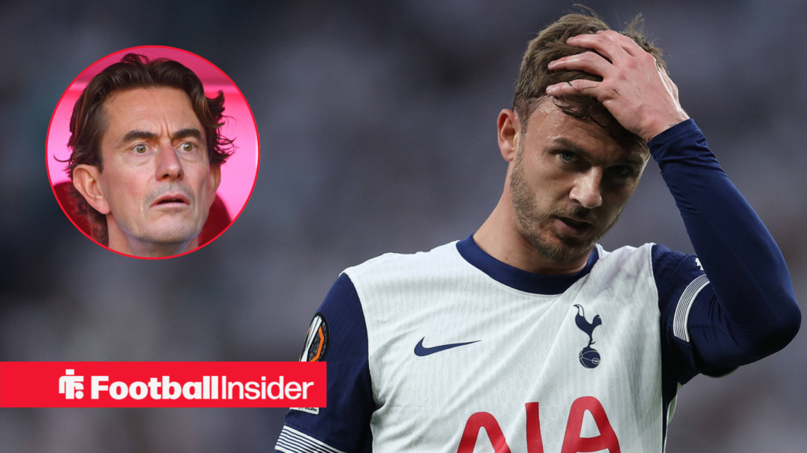 Tottenham midfielder James Maddison alongside a circular inset of Spurs boss Thomas Frank